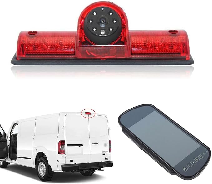 Car Third Roof Top Mount Brake Light 3 Rear View Camera Parking Safety Assistant System, HD Night Vision for NV1500/2500/3500 S SV SL Cargo Vans Transporter 2011-2021(with 7-inch Rearview Mirror)