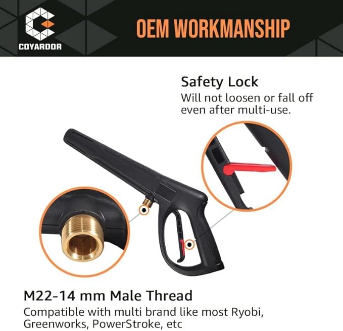 Pressure Washer Gun with Extension Wand & 5 Spray Nozzle Tips, M22-14mm & M22-15mm Fitting Replacement for Ryobi, Karcher, Powerstroke, Greenworks, Husky, Raptor Blast, Electric Power Washer