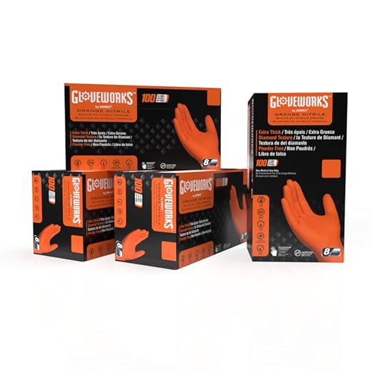 GLOVEWORKS 8 Mil Orange Nitrile Disposable Gloves Heavy Duty Industrial RDT for Mechanic and Automotive, XXL 4 Boxes of 100