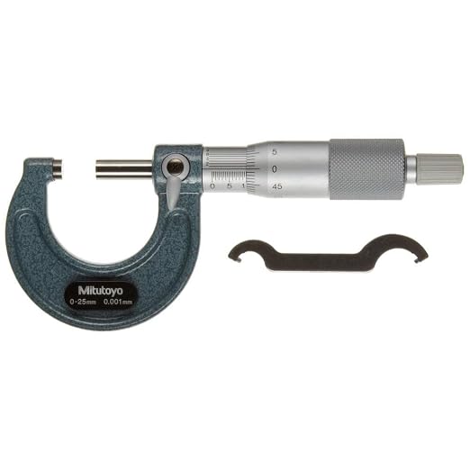 Mitutoyo 103-129 Outside Micrometer, Baked-enamel Finish, Ratchet Stop, 0-25mm Range, 0.001mm Graduation, +/-0.002mm Accuracy | Baked-enamel Finish, Ratchet Stop, 0.001mm Graduation, +/-0.002mm Accuracy