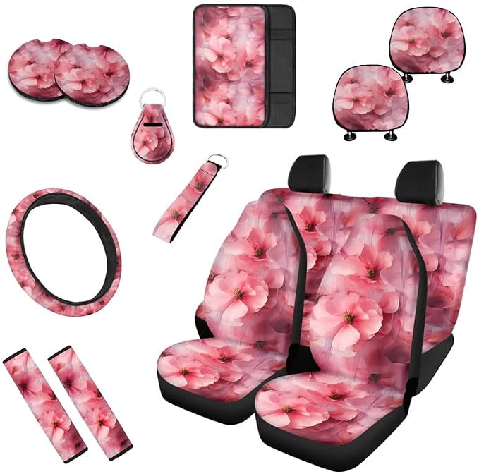Peach Blossom Pink Flower 13 Pieces Seat Covers Accessories Floral Hand Drawing Steering Wheel Cover Seat Cover Full Set Seat Belt Shoulder Pad Car Cover for Truck SUV