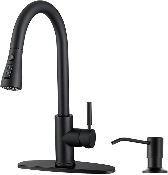WEWE Black Kitchen Faucet with Soap Dispenser, Kitchen Sink Faucet with Pull Down Sprayer 3 Modes Stainless Steel Single Handle Single Hole Pull Out Matte Black Faucet for Bar Laundry RV Utility Sink