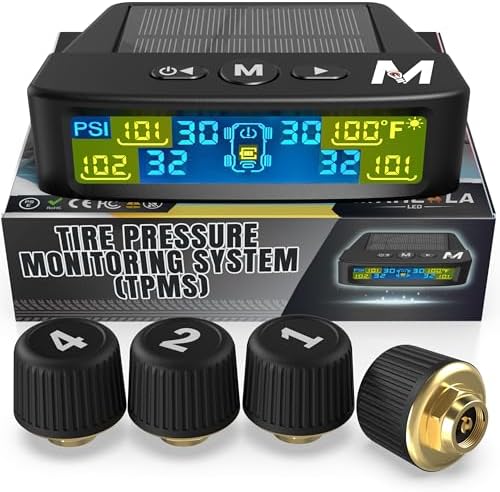 Marcala Tire Pressure Monitoring System - Set of 4 TPMS Sensors for Trailer, RV, Camper, Truck (0-98PSI) | 32ft Extended Range Air Monitor Kit | Solar Charge & 6 Alarm Modes | Be Safe & Prevent Flats