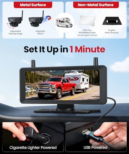 Solar Magnetic Wireless Backup Camera with a Bendable Suction Cup Bracket: Place the Monitor Anywhere You Want Without Obstructing Your View, 7.2" HD 16:9 Monitor, Receive Reliable Customer Service