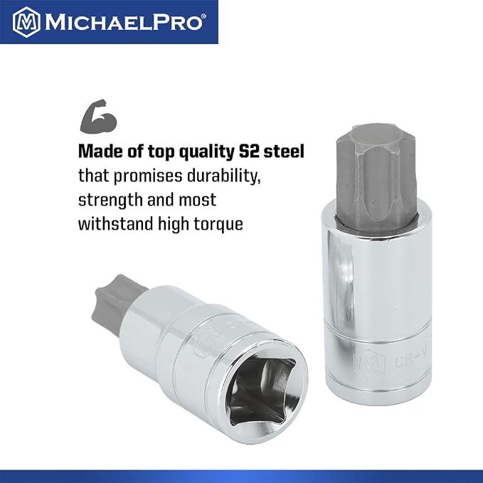 MichaelPro 16-Piece Torx Bit Socket Set with Rail, 1/4'', 3/8'' and 1/2'' Drives, T8 - T70, High Torque Resistant S2 Steel, Socket Adapters and Rail Organizer Included - MP012022
