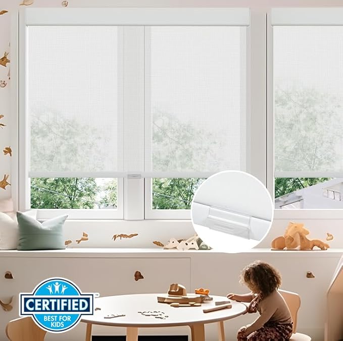 Persilux Free-Stop Cordless Solar Shades for Windows Shades Light Filtering Roller Shades (White, 20" W x 72" H) 5% Openness UV Protection Flame Retardant View Through Roller Blinds for Windows, Home