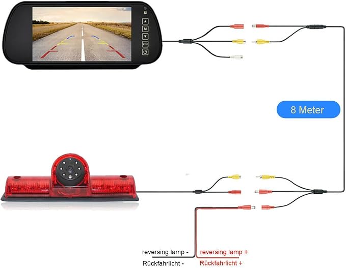 Car Third Roof Top Mount Brake Light 3 Rear View Camera Parking Safety Assistant System, HD Night Vision for NV1500/2500/3500 S SV SL Cargo Vans Transporter 2011-2021(with 7-inch Rearview Mirror)