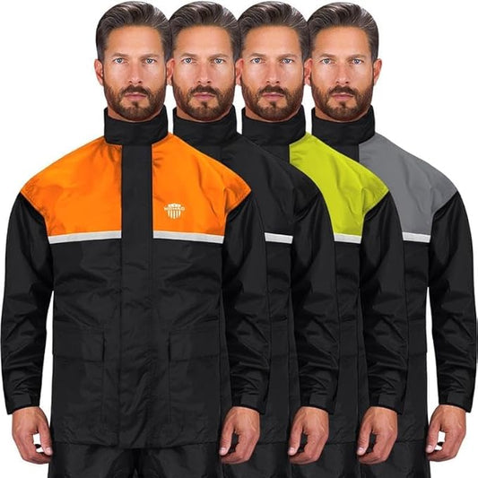 Waterproof Motorcycle Rain Suit, 2-Piece Reflective Gear, Lightweight Riding Jacket & Pants, Protective Raincoat with Hoodie