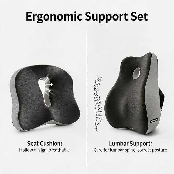 Seat Cushion & Lumbar Support Pillow Set for Office Chair,and Tailbone Discomfort with Lumbar Support Pillow and Seat Cushion - Perfect for Home, and Gaming Chairs Chair Cushion(Light Gray)