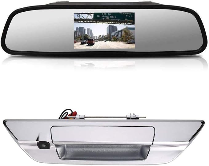 Car Rear View Trunk Handle Parking Reverse Backup Camera HD Waterproof for Toyota Hilux 8 MK8 Pickup Truck Masters OX AN120 AN130 Revo Recco/Invincible 50 2015-2019(with 4.3-inch Rearview Mirror)