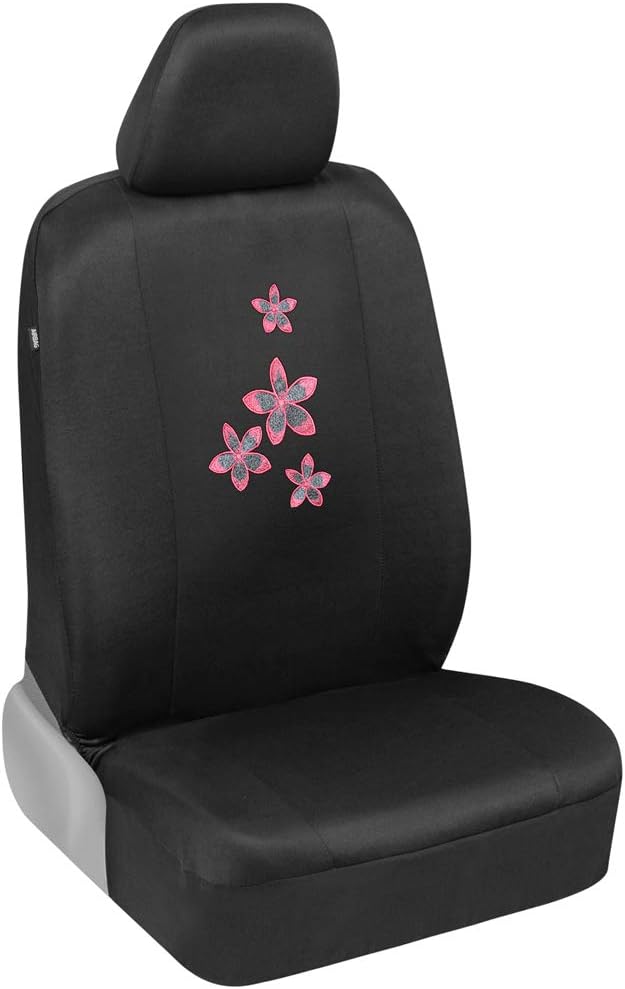 BDK Pink Floral Flower Print Car Seat Covers, Full Set with Steering Wheel Cover and Seat Belt Pads, Front and Rear Universal Fit for Car Truck SUV Van, Cute Auto Interior Accessory for Women