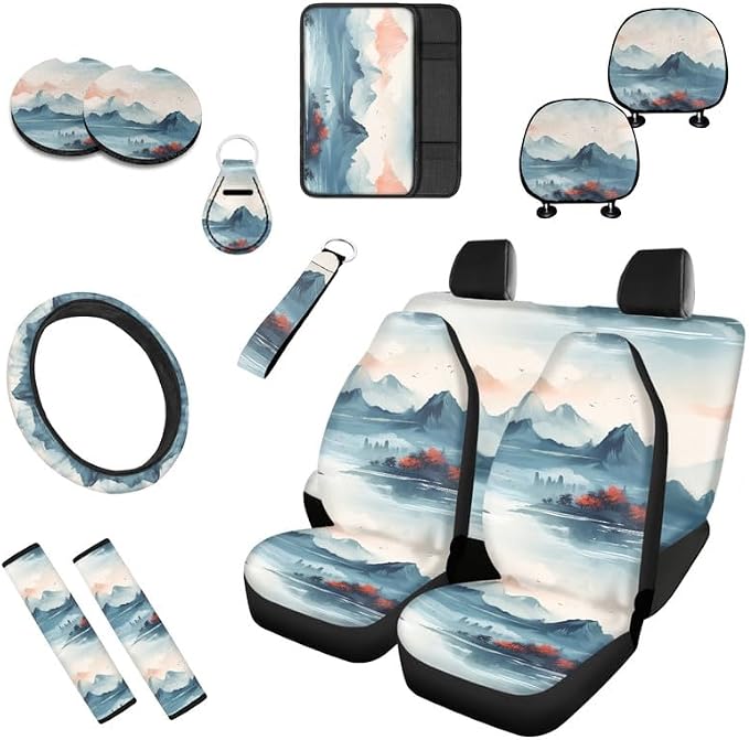 Chinoiserie Mountian Hand Drawing 13 Pack Car Accessories Set Include Car Chinese Landspace Front Seat Covers Car Decorations,Car Cup Pad Seat Belt Shoulder Pads, Universal Size, F9-13B