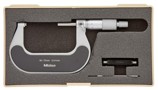 Mitutoyo 102-303 Outside Micrometer, Heat Insulated Frame, Ratchet Stop, 50-75mm Range, 0.01mm Graduation, +/-0.002mm Accuracy