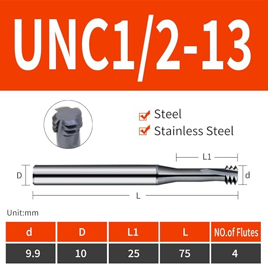 2pcs UNC1/2-13 Thread Mill Cutter Solid Carbide Coating for Steel Stainless