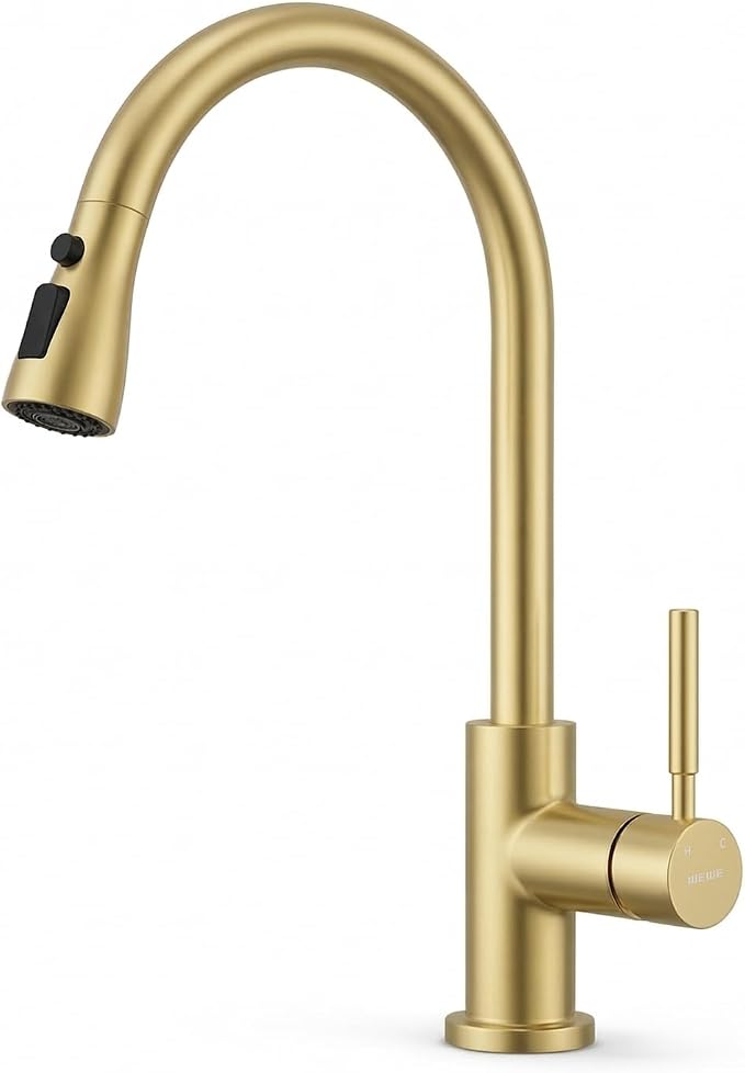WEWE Kitchen Faucets with Pull Down Sprayer, Stainless Steel Single Handle 1 Hole for Family Kitchen Commercial Camper Laundry Rv Bar, Gold