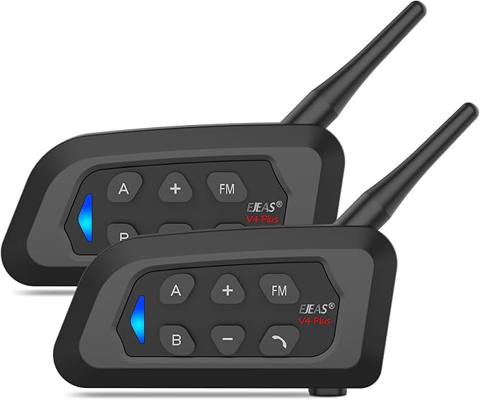 EJEAS V4 Plus Helmet Communication System, Motorcycle Bluetooth V5.1 Headset 1500m Helmet Intercom with Noise Reduction/3D Sound/FM Radio/Hands-Free, Ideal for 2 to 4 Riders Group Talking (2PCS)