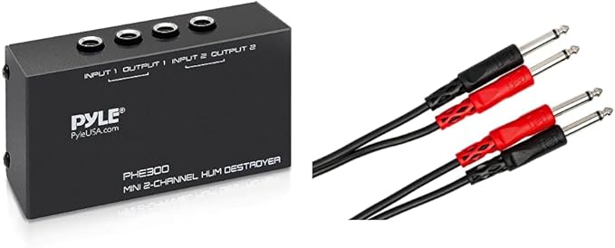 Pyle Compact Mini Hum Eliminator Box - 2 Channel Passive Ground Loop Isolator, Hum Killer PHE300 & Hosa CPP-204 Dual 1/4" TS to Dual 1/4" TS Stereo Interconnect Cable, 4 Meters