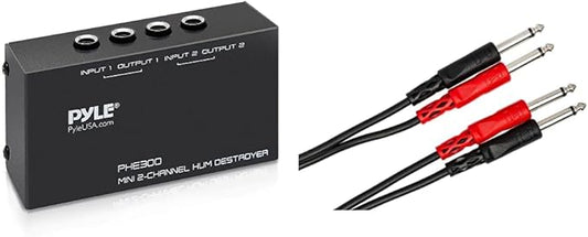 Pyle Compact Mini Hum Eliminator Box - 2 Channel Passive Ground Loop Isolator, Hum Killer PHE300 & Hosa CPP-204 Dual 1/4" TS to Dual 1/4" TS Stereo Interconnect Cable, 4 Meters
