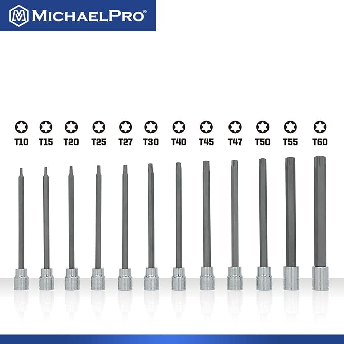 MichaelPro 12-Piece 3/8'' Drive Long Torx Bit Socket Set, T10 to T60, 6-Inch Length for Easy Reach in Deep Areas, High Torque Resistant CR-V and S2 Steel, Sturdy Storage Case Included - MP012019