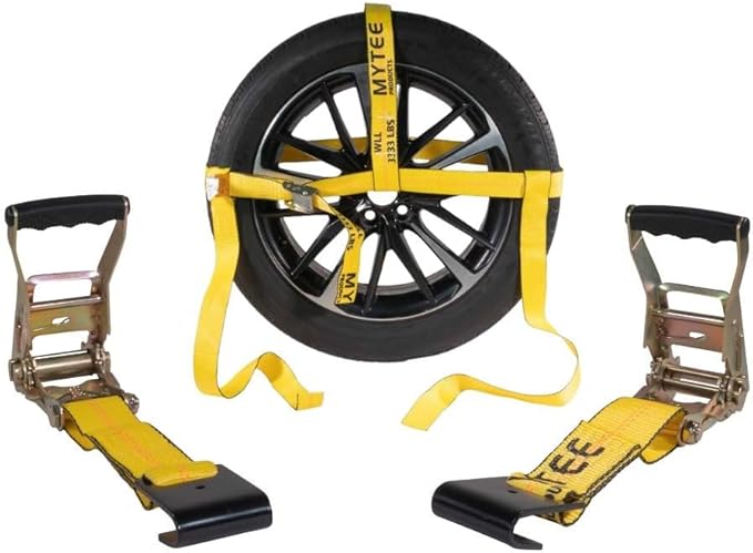 Mytee Products 2" x 120" Yellow Side Mount Wheel Tie Down Strap with Flat Hook & Dual Ratchet – 3,333 lbs WLL Wheel Net Fits 14–17" Tires, Heavy Duty Vehicle Tie Down Strap for Car Hauling