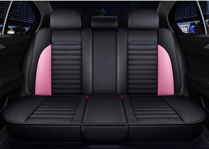BGYFDU03 Seat Cover 5-Seater Full Set, Universal Type, Suitable for Most Cars Pickup Ttrucks Airbags Compatible with Synthetic Leather Car Seat Cushion Protectors (Black and Pink 02)