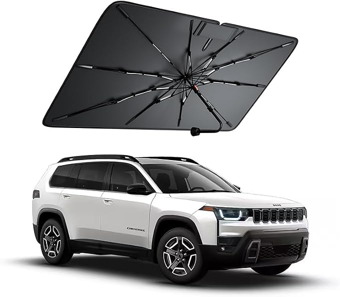Windshield Sun Shade for Jeep Cherokee 2001–2023, Foldable Umbrella Sunshade with 100% UV Block, Multi-Layer Heat Insulation, Reinforced 10-Rib Frame, Keeps Car Cooler, Summer Car Accessory