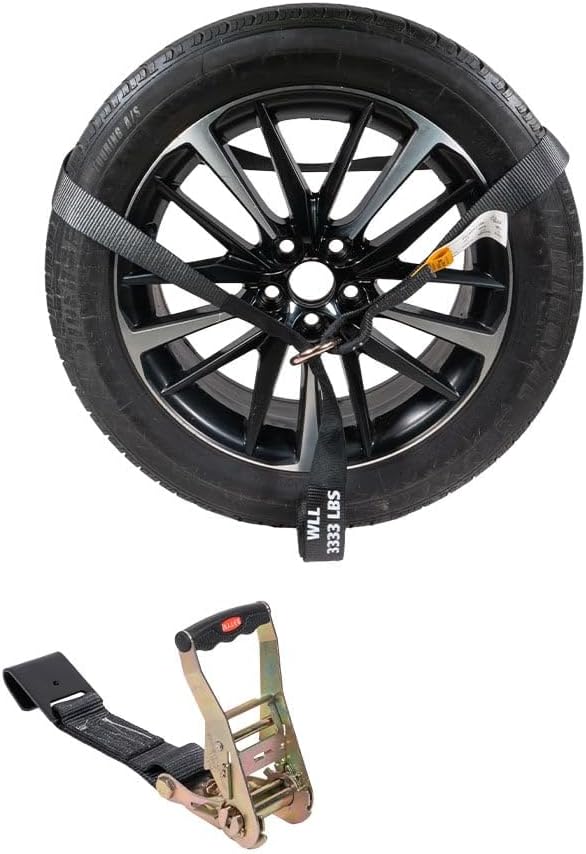 Mytee Products 2" x 120" Car Tie Down Straps for Trailer with Flat Hook - 3333 LB WLL Black Lasso Style Tire Straps for Car Trailer with Ratchets - Vehicle Tie Down Wheel Straps for Hauling Cars