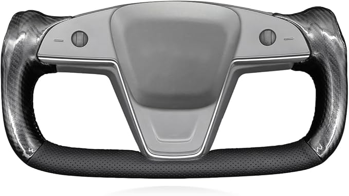 MEWANT Hand Stitch Black Genuine Leather Shiny PU Carbon Fiber Steering Wheel Cover Wrap for Tesla Model S Yoke Model X
