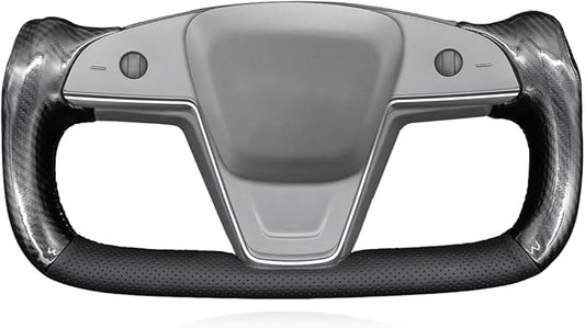 MEWANT Hand Sew Black Perforated PU Leather Shiny PU Carbon Fiber Steering Wheel Cover for Tesla Model S Yoke Model X
