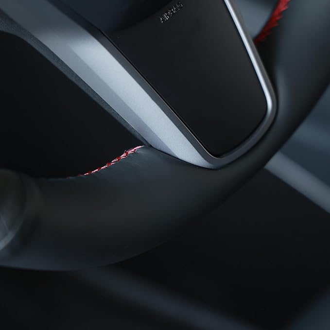 MEWANT Hand Stitch Steering Wheel Cover for Tesla Model Y 2023 Model 3 2023 Made of Black Faux Leather Embossed Athsuede