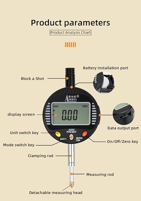 Digital dial Gauge with a Measurement Range of 0-1.2in/30mm and an Accuracy Range of 0.0004 "in/0.01" mm