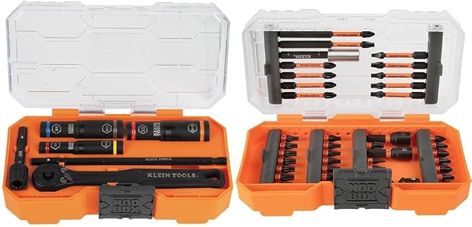 Klein Tools 65238 3-Piece Deep Impact Socket Set with Ratchet, Adapter, Case and 33801 40-Piece S2 Steel Phillips/Slotted/Square/TORX Bit Set with Nut Drivers, Extension, Case
