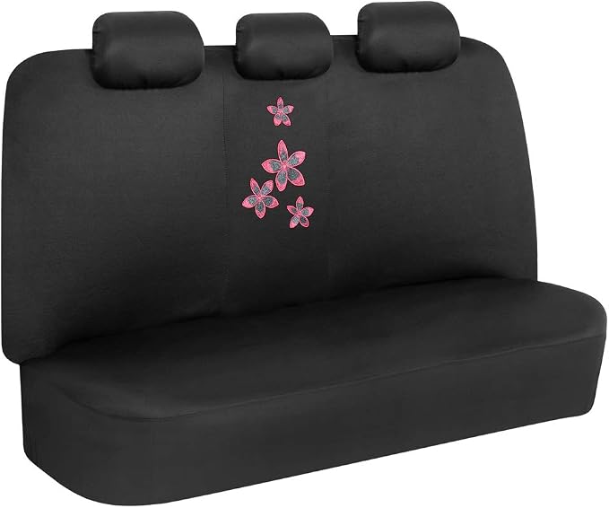 BDK Pink Floral Flower Print Car Seat Covers, Full Set with Steering Wheel Cover and Seat Belt Pads, Front and Rear Universal Fit for Car Truck SUV Van, Cute Auto Interior Accessory for Women