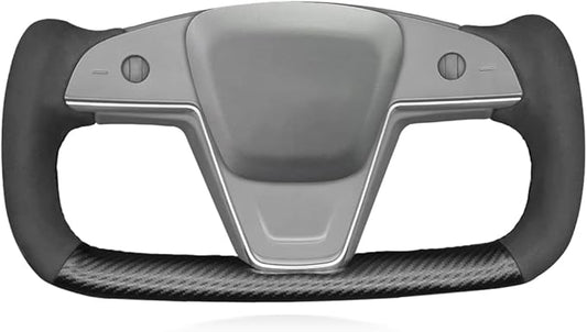 MEWANT Hand Stitch Black Matte PU Carbon Fiber Suede Steering Wheel Cover for Tesla Model S Yoke 2021-2023 Model X Yoke