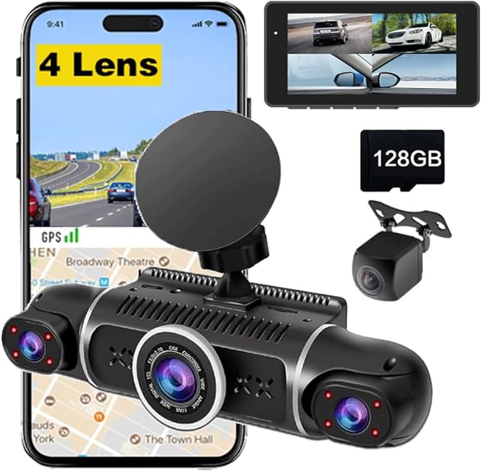 4 Cameras 1080P Dash Cam 4 Lens 3 Inch IPS Screen Car Black Box WiFi APP Control G-Sensor Car Driving Video Recorder Free 128GB TF Card