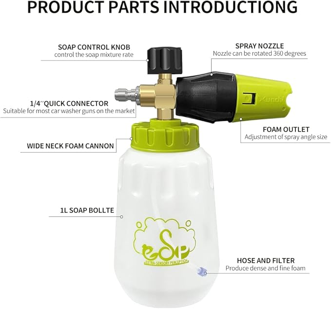 ESP Foam Cannon Snow Foam Lance with 1/4 Standard Quick Connector 4000psi 1 Liter Bottle Adjustable Professional Car Wash Pressure Power Jet Washer Quick Release Nozzle