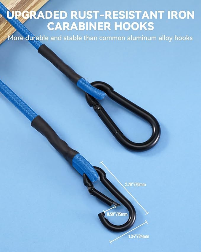 8 Pack 72 Inch Heavy Duty Bungee Cords with Carabiner Hooks, 190 lbs Max Strength Bungee Straps for Cargo, Bike, Cart, Roof Rack, Truck, Tent, Camping, Motorcycle, Outdoor Storage and More, Blue