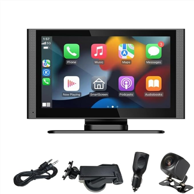 slrongpwolr Wireless Apple Car Play Screen, Android Auto Screen for Car, 7" Hd Portable Touchscreen Car Stereo with Backup Camera, Mirror Link