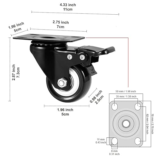 2" Caster Wheels Set of 48, Heavy Duty with Brake | No Noise, Locking, Polyurethane (PU) Wheels, Swivel Plate, Black, Pack of 48