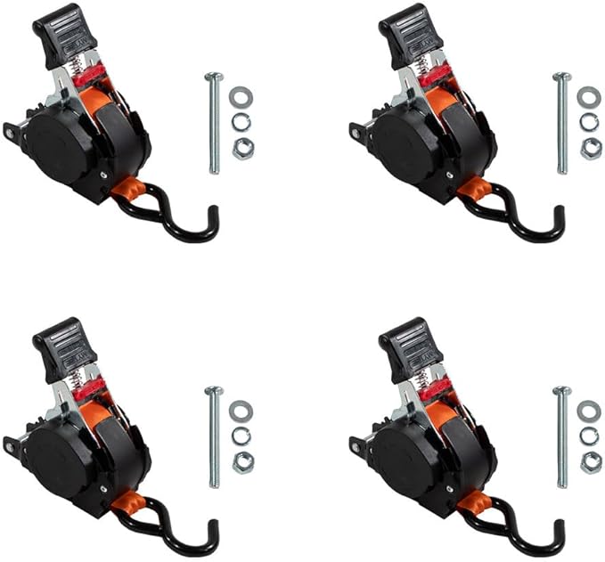 Mytee Products 4 Pack 1''x10' Bolt on Orange Retractable Ratchet Straps for Cargo - Coated S Hook Auto Retract Ratchet Straps - Self Ratcheting Strap for Boat Tie Down to Trailer & Jet Ski, ATVs