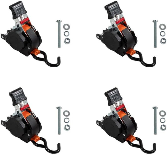 Mytee Products 4 Pack 1''x10' Bolt on Orange Retractable Ratchet Straps for Cargo - Coated S Hook Auto Retract Ratchet Straps - Self Ratcheting Strap for Boat Tie Down to Trailer & Jet Ski, ATVs
