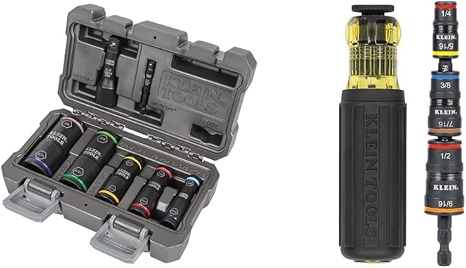 Klein Tools 66070 Impact Socket Set - 5 Sockets & 32910 Impact Driver, 7-in-1 Flip Socket Set with Handle, 6 Hex Driver Sizes plus a 1/4-Inch Bit Holder