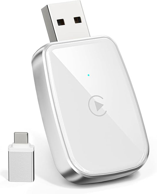Wireless CarPlay Adapter for Apple iPhone, Convert Wired CarPlay to Wireless, Mini Size with USB-A to USB-C Adapter, Stable Control & No Delay Latency, White