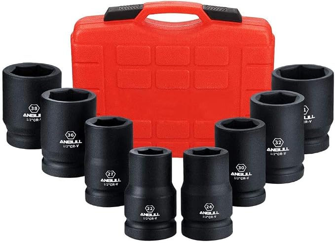 Anbull 1" Drive Jumbo Impact Socket Set, 9 Pieces Universal Hex Deep Socket Set with Heavy Duty Storage Case, Metric and Standard Sizes (22,24,27,30,32,36,38,41mm), Cr-V Steel