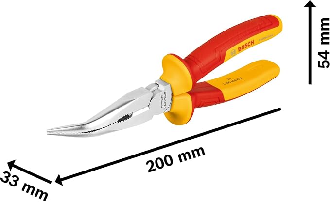 Bosch Professional VDE Needle-Nose Pliers Curved 40° - 200 mm (Certified to 1000 V, Insulated with Thermoplastic Polyurethanes)