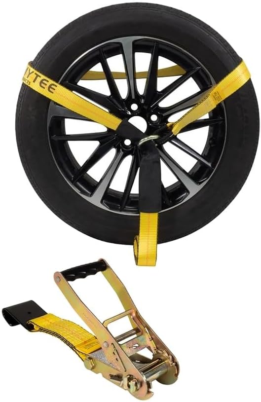 Mytee Products 2" x 120" Car Tie Down Straps for Trailer with Flat Hook - 3333 LB WLL Lasso Style Tire Straps for Car Trailer with Ratchets - Vehicle Tie Down Wheel Straps for Hauling Cars