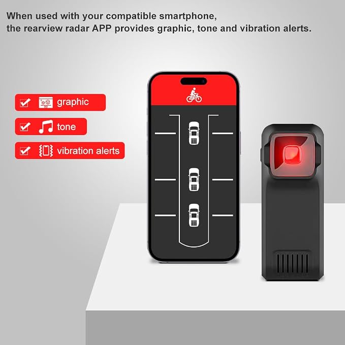 BY-J Bike Radar Tail Light, Visual and Audible Alerts for Approaching Vehicle, Compatible with Garmin Wahoo Bike Computers & Smartphone