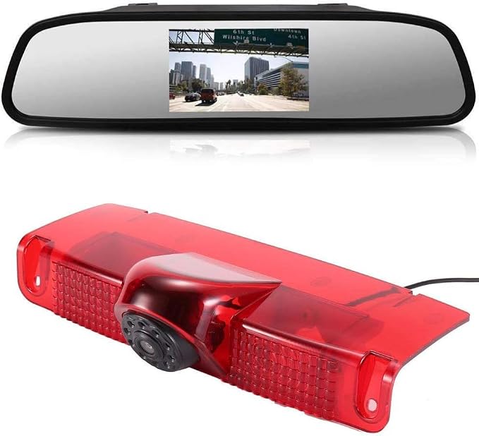1280 * 720 Pixels Car Third Roof Top Mount Brake Lamp Camera Brake Light Rear View Backup Camera Replacement for Chevrolet Express GMC Savana Vans Exporer Vans Cargo 2003-2018 +4.3" Reverse Mirror