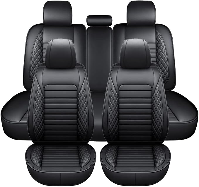 otoez Car Seat Covers Full Set, Black Leather Seat Cover Universal Fit for Most Car SUV Sedan Pick-up Truck, Waterproof Automotive Front and Back Seat Protector (Black)
