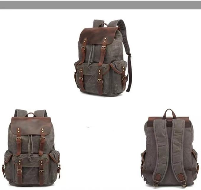Genuine Leather Canvas waxed Backpack Travel Rucksack Laptop Bag